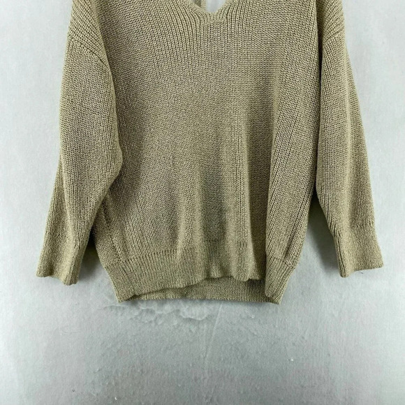 Loft Sweater Women's Sz 14 Plus Beige Knitted V-Neck Gold Metallic Tie-Back - Picture 7 of 12